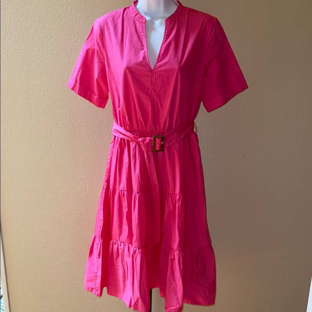Who What Wear Barbie Pink Midi Belted Short Sleeve Dress V-neck Tiered Sz M